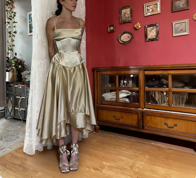 Elegant Champagne Gold Spaghetti Strap Square Neck Boned Waist Irregular Hem Satin Prom & Evening Dress - View 2 | FashionDia