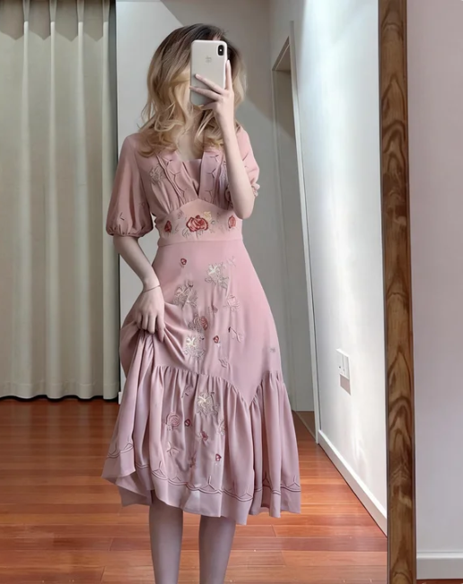 Sweet Pink V-Neck Waist Floral Embroidered Chiffon Midi Prom Dress Evening Dress