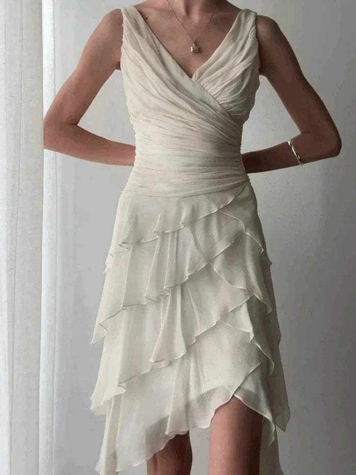 Elegant Ivory V-Neck Layered Waist Pleated Irregular Chiffon Ruffle Birthday Party Homecoming Dress - View 2 | FashionDia
