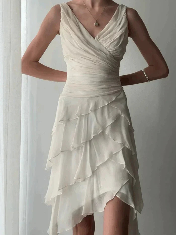 Elegant Ivory V-neck Layered Waist Pleated Irregular Chiffon Ruffle Birthday Party Homecoming Dress