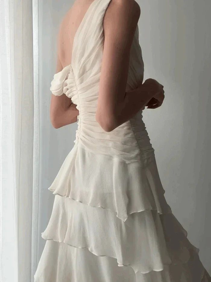 Elegant Ivory V-Neck Layered Waist Pleated Irregular Chiffon Ruffle Birthday Party Homecoming Dress - View 3 | FashionDia