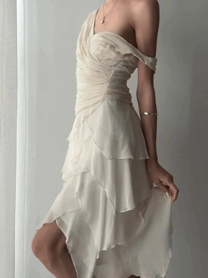 Elegant Ivory V-Neck Layered Waist Pleated Irregular Chiffon Ruffle Birthday Party Homecoming Dress - View 4 | FashionDia