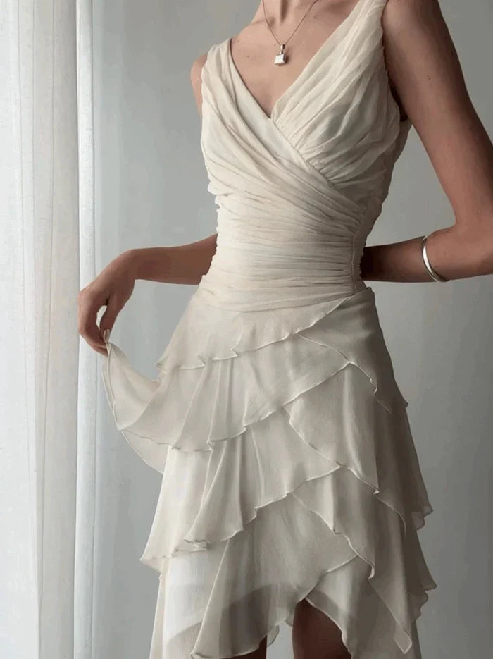 Elegant Ivory V-Neck Layered Waist Pleated Irregular Chiffon Ruffle Birthday Party Homecoming Dress - View 5 | FashionDia