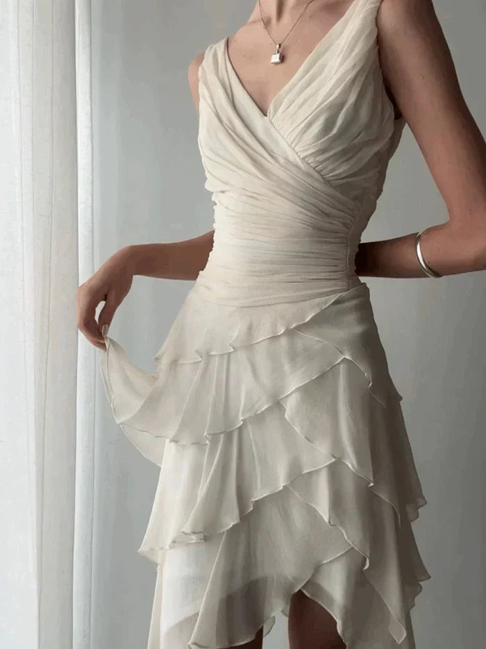 Elegant Ivory V-neck Layered Waist Pleated Irregular Chiffon Ruffle Birthday Party Homecoming Dress