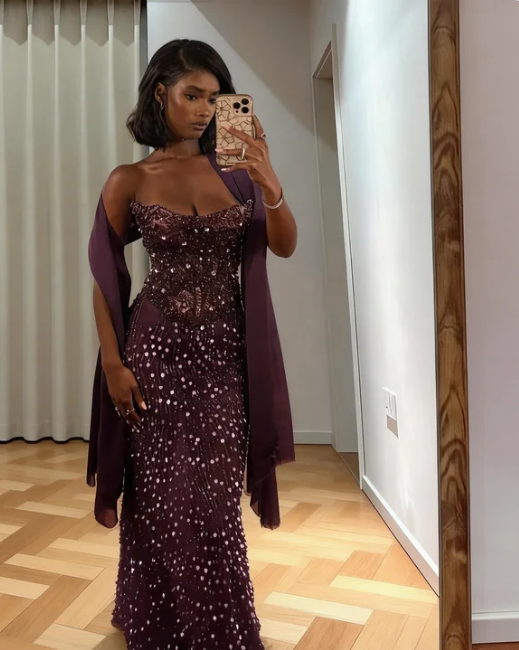 Luxurious Deep Purple Strapless Mermaid Sequin Tulle Long Prom Dress Evening Dress