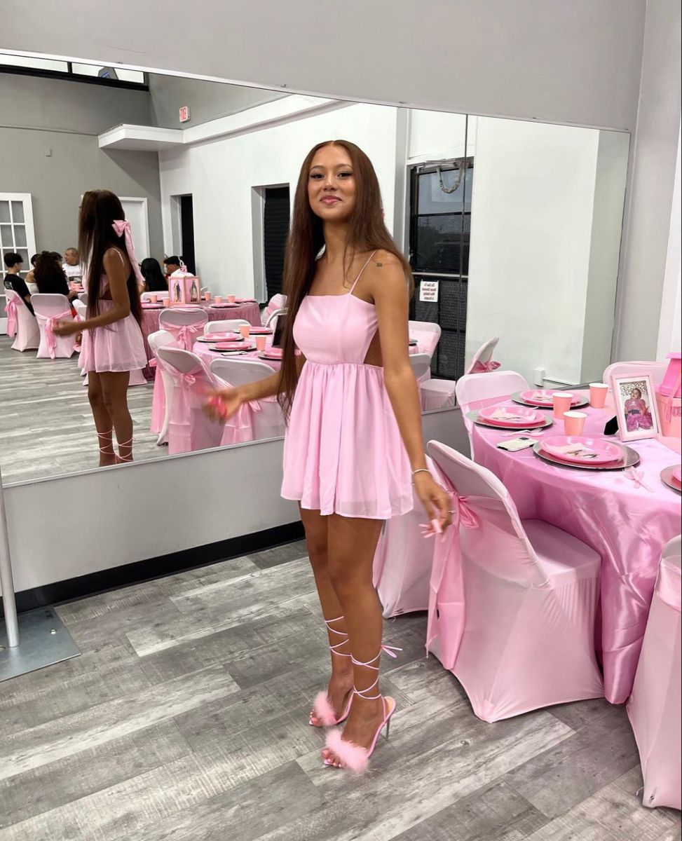 Cute Pink Halter Square Neck Open Back Mini Chiffon 16th Birthday Homecoming Dress