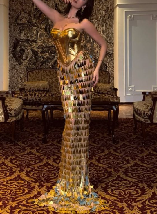 Luxurious Gold Satin Sequins Evening Dress,Strapless Mermaid Prom Dress