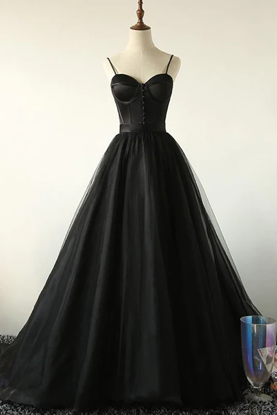 Ball Gown Spaghetti Straps Black Tulle Prom Dress Long Brush/Sweep Train Prom Dress - FashionDia