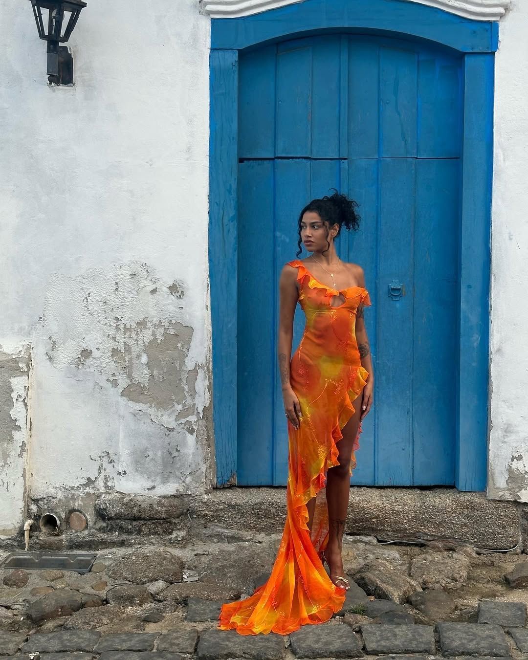 Sexy Orange Irregular Ruffled High Slit Chiffon Prom Dress