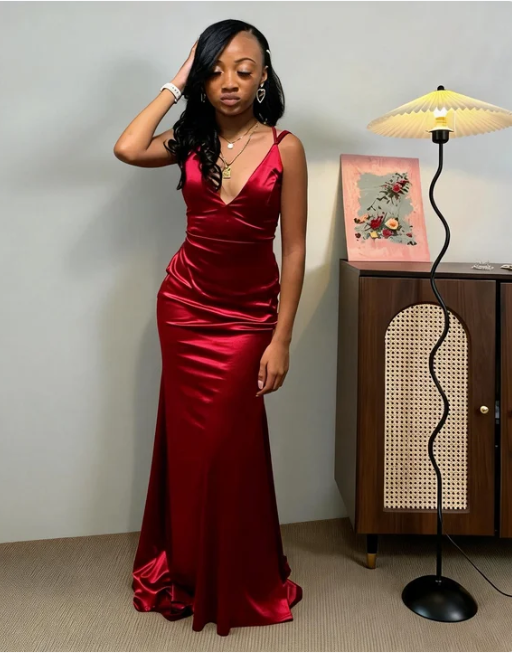 Simple Burgundy Spaghetti Strap V-Neck Mermaid Satin Long Prom Dress Evening Dress