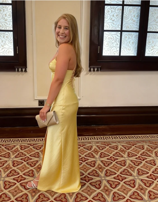 Simple Pale Yellow Spaghetti Strap Slit Open Back Tie Satin Long Prom Dress Evening Dress Bridesmaid Dress