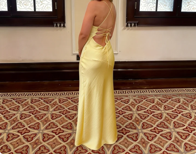 Simple Pale Yellow Spaghetti Strap Slit Open Back Tie Satin Long Prom Dress Evening Dress Bridesmaid Dress