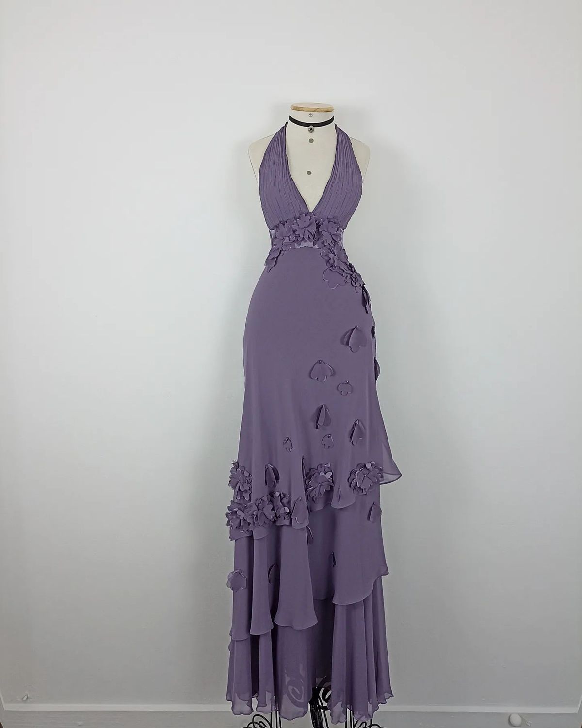 Pretty Purple Halter V-Neck 3D Floral Layered Irregular Chiffon Long Prom Dress Evening Dress