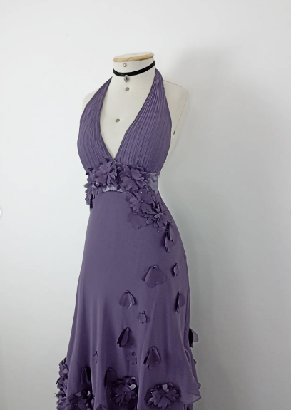 Pretty Purple Halter V-Neck 3D Floral Layered Irregular Chiffon Long Prom Dress Evening Dress