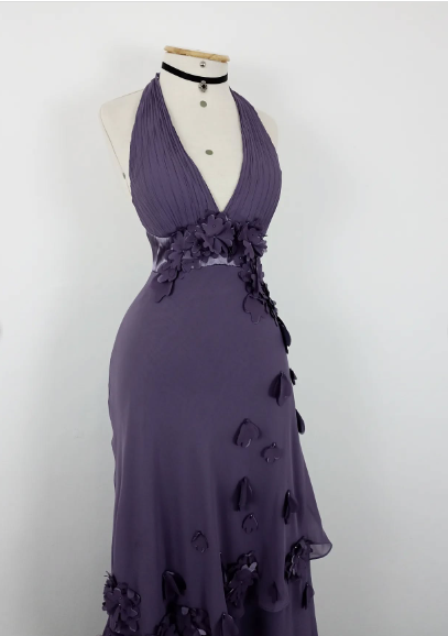 Pretty Purple Halter V-Neck 3D Floral Layered Irregular Chiffon Long Prom Dress Evening Dress