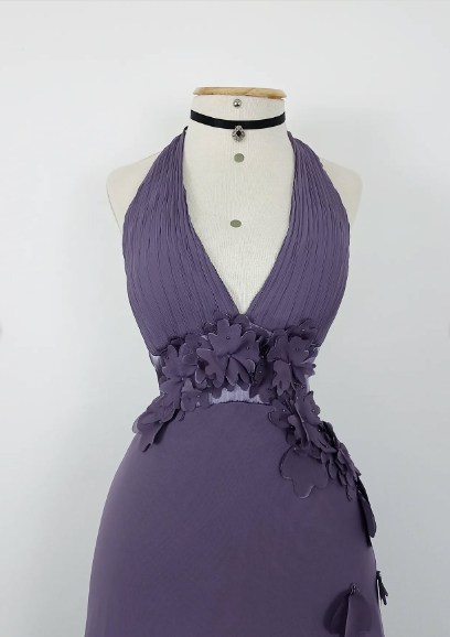 Pretty Purple Halter V-Neck 3D Floral Layered Irregular Chiffon Long Prom Dress Evening Dress