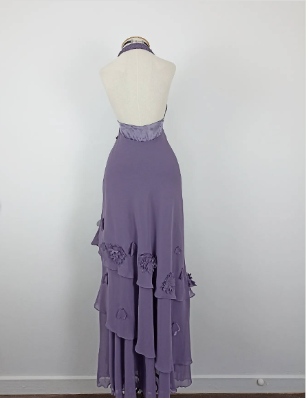 Pretty Purple Halter V-Neck 3D Floral Layered Irregular Chiffon Long Prom Dress Evening Dress