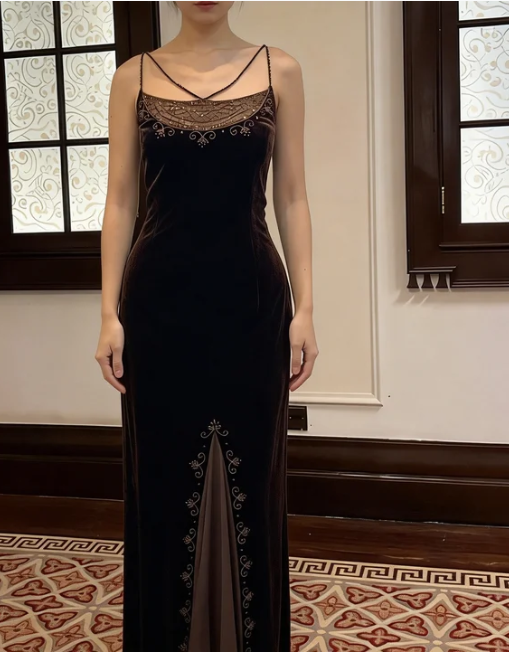 Vintage Black Spaghetti Strap Slit Beaded Velvet Long Prom Dress Evening Dress