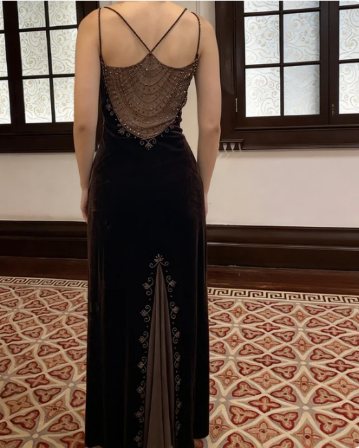 Vintage Black Spaghetti Strap Slit Beaded Velvet Long Prom Dress Evening Dress