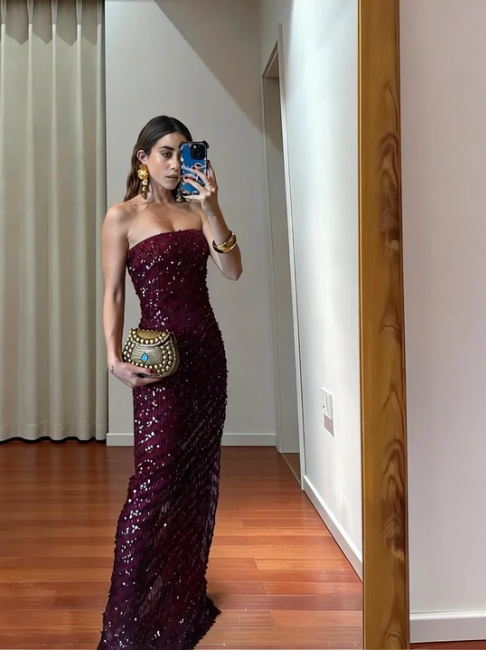 Luxurious Burgundy Strapless Mermaid Sequin Long Prom Dress Evening Dress