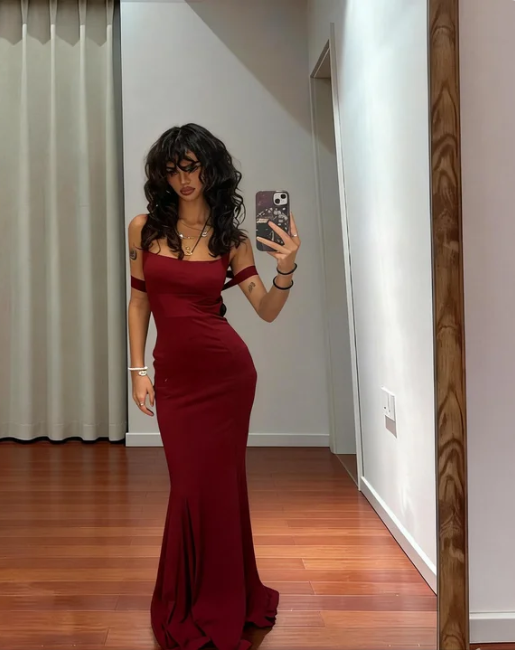Sexy Burgundy Mermaid Satin Long Prom Dress Evening Dress
