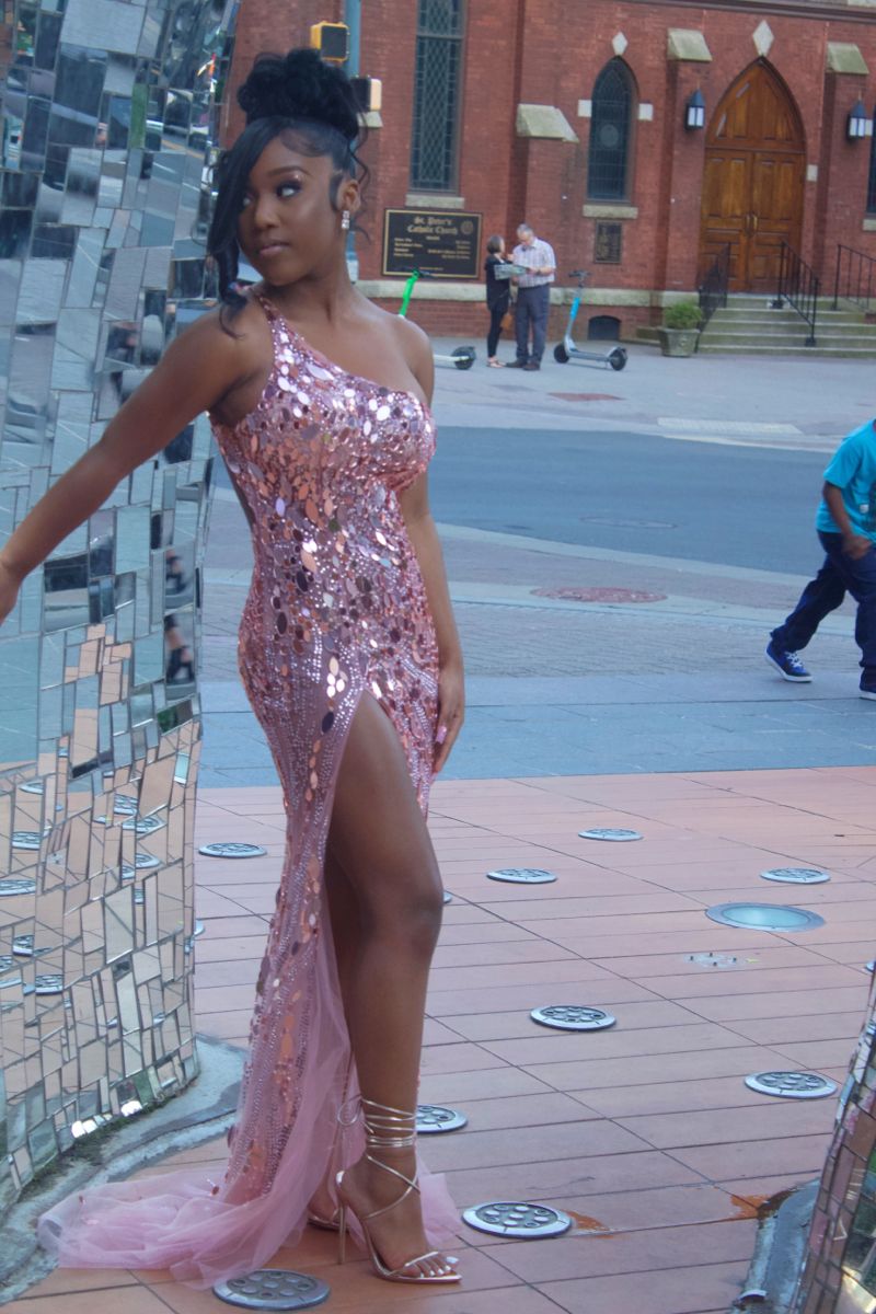 Shimmering Pink Mermaid One-shoulder Sequin High Slit Long Prom Dress Evening Dress