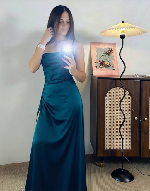 Elegant Teal Spaghetti Strap Square Neck Satin Long Prom Dress Evening Dress