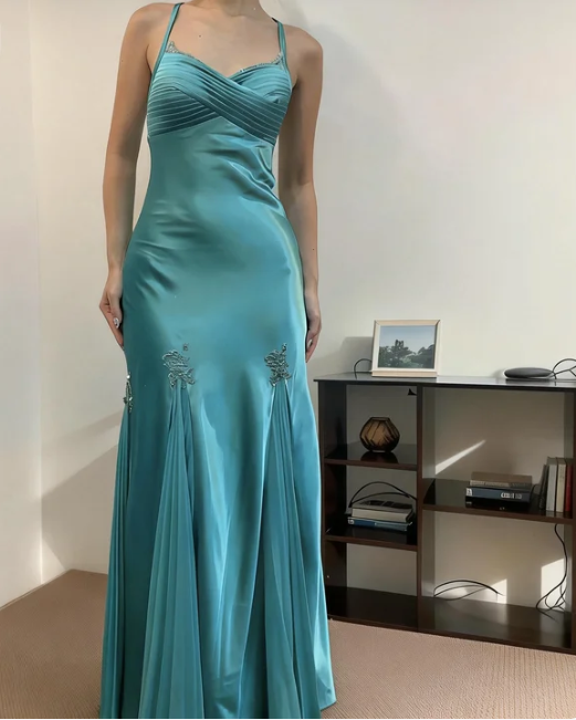 Elegant Lake Blue Spaghetti Strap Beaded Mermaid Satin Long Prom Dress Evening Dress Bridesmaid Dress