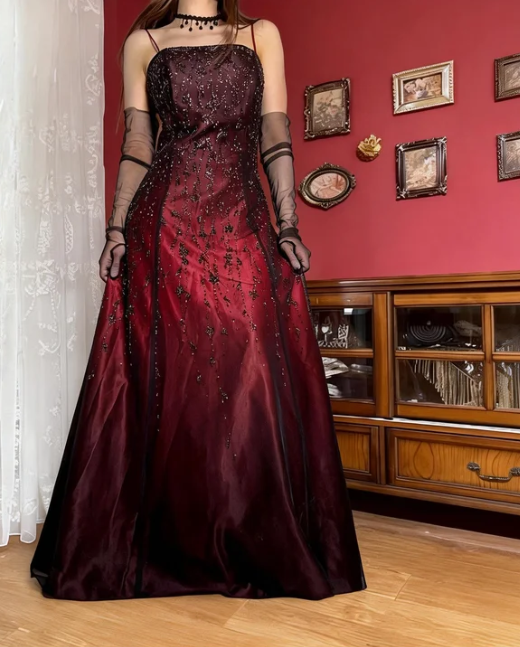 Vintage Burgundy A-Line Spaghetti Strap Beaded Satin Long Prom Dress Birthday Dress