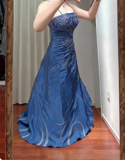 Elegant Blue A-Line Beaded Embroidered Satin Long Prom Dress Birthday Dress