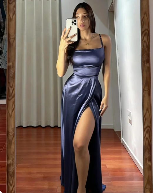 Elegant Dusty Blue Spaghetti Strap Square Neck Slit Satin Long Prom Dress Evening Dress