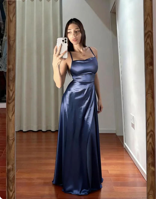 Elegant Dusty Blue Spaghetti Strap Square Neck Slit Satin Long Prom & Evening Dress - View 2 | FashionDia