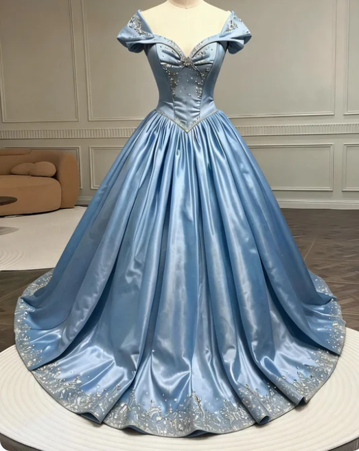 Dreamy Princess Blue Off-the-Shoulder A-Line Beaded Satin Long Prom Dress Birthday Dress