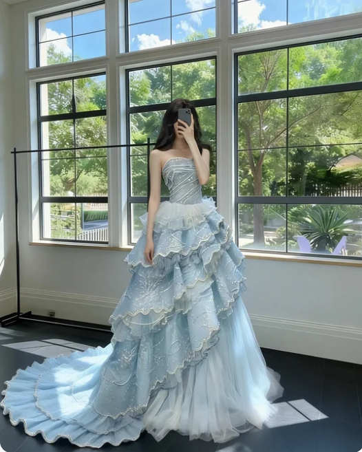 Dreamy Light Blue Strapless Layered Tulle Train Prom Dress Birthday Dress
