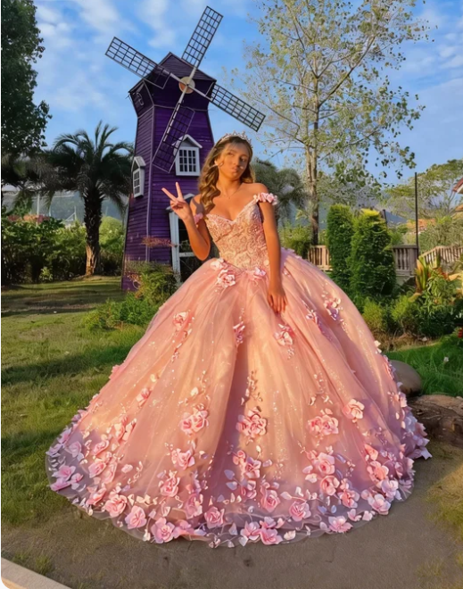 Dreamy Princess Pink Off-the-Shoulder 3D Floral Tulle Train Prom Dress Birthday Dress - FashionDia