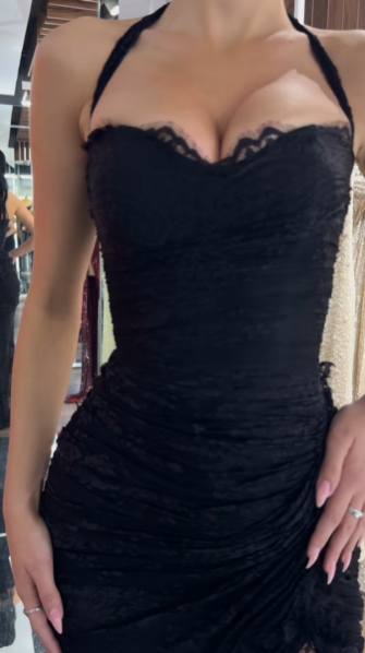 Sexy Black Halter Lace Mermaid Slit Long Evening Dress Party Gown - View 3 | FashionDia