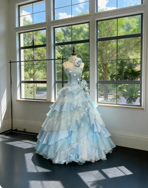 Dreamy Light Blue Gradient Spaghetti Strap 3D Floral Layered Tulle Long Prom Dress Birthday Dress - FashionDia