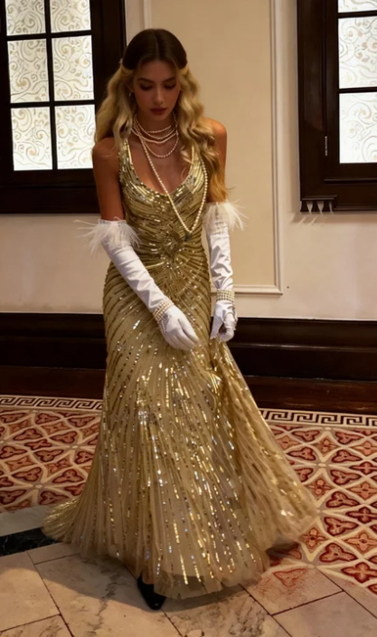 Gorgeous Champagne Gold V-Neck Mermaid Sequin Striped Tulle Long Prom & Evening Dress - View 2 | FashionDia