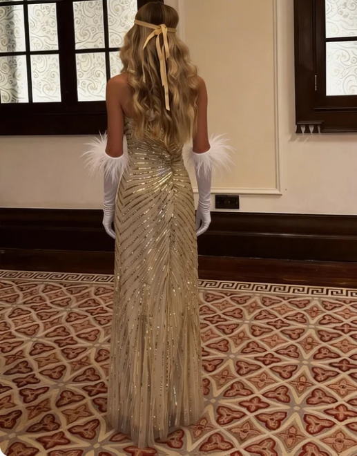 Gorgeous Champagne Gold V-Neck Mermaid Sequin Striped Tulle Long Prom & Evening Dress - View 3 | FashionDia