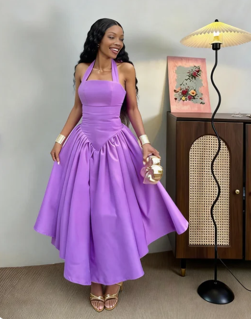 Elegant Purple Halter Neck A-Line Satin Long Prom & Evening Dress - FashionDia
