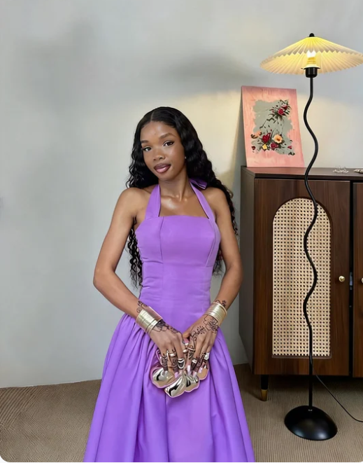 Elegant Purple Halter Neck A-Line Satin Long Prom & Evening Dress - View 2 | FashionDia