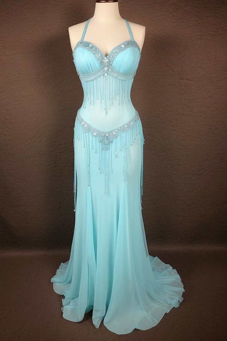 Sexy Lake Blue Halter Neck Mermaid Beaded Tassel Chiffon Train Prom Dress Evening Dress
