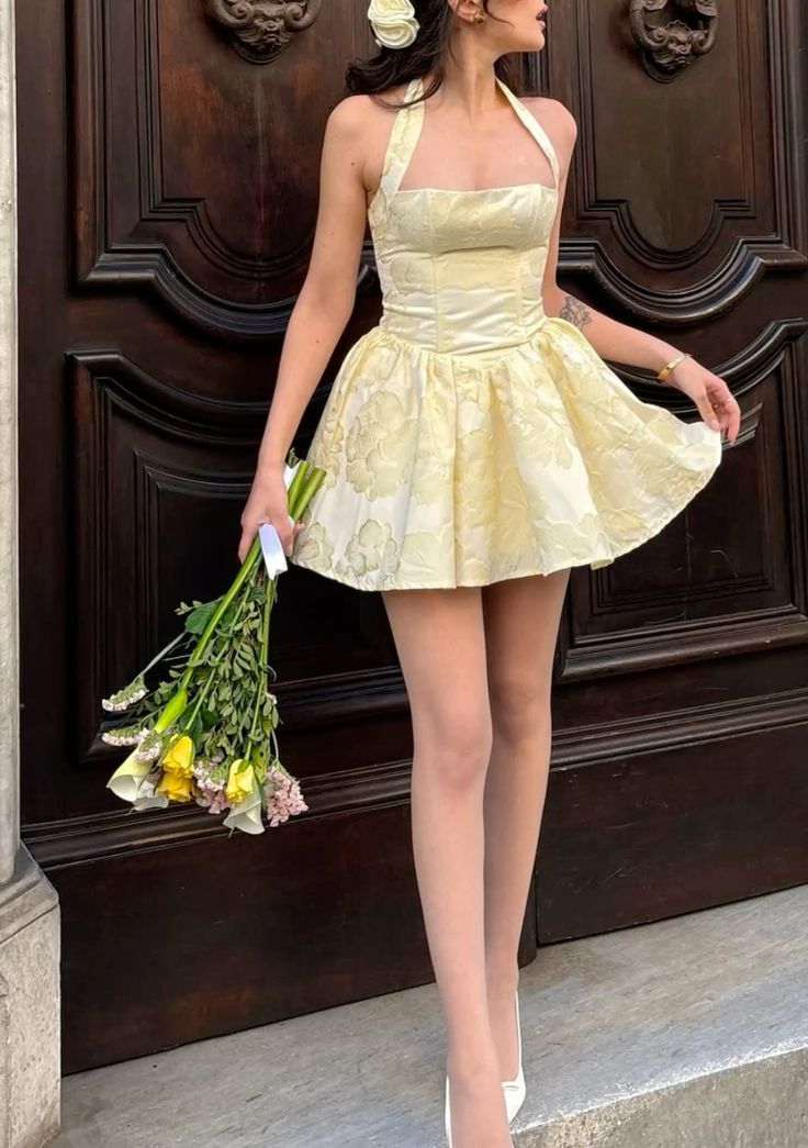 Sweet Light Yellow Halterneck Floral Jacquard A-Line Birthday Dress Homecoming Dress - View 3 | FashionDia