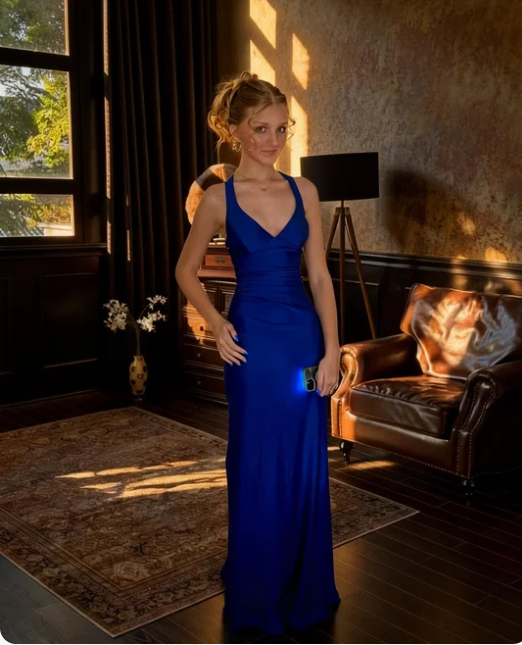 Elegant Royal Blue V-Neck Mermaid Satin Long Prom & Evening Dress - FashionDia