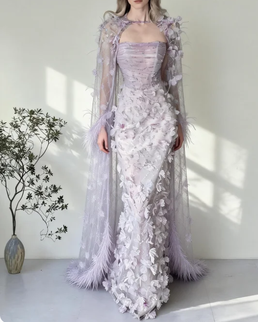 Dreamy Light Purple Strapless Mermaid 3D Petal Tulle Long Prom Dress Evening Dress