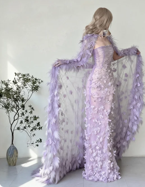Dreamy Light Purple Strapless Mermaid 3D Petal Tulle Long Prom & Evening Dress - View 2 | FashionDia