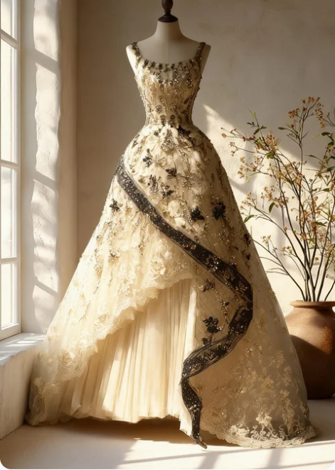 Vintage Palace Style Off-White Spaghetti Strap Square Neck Embroidered Lace Tulle Long Prom & Evening Dress - FashionDia