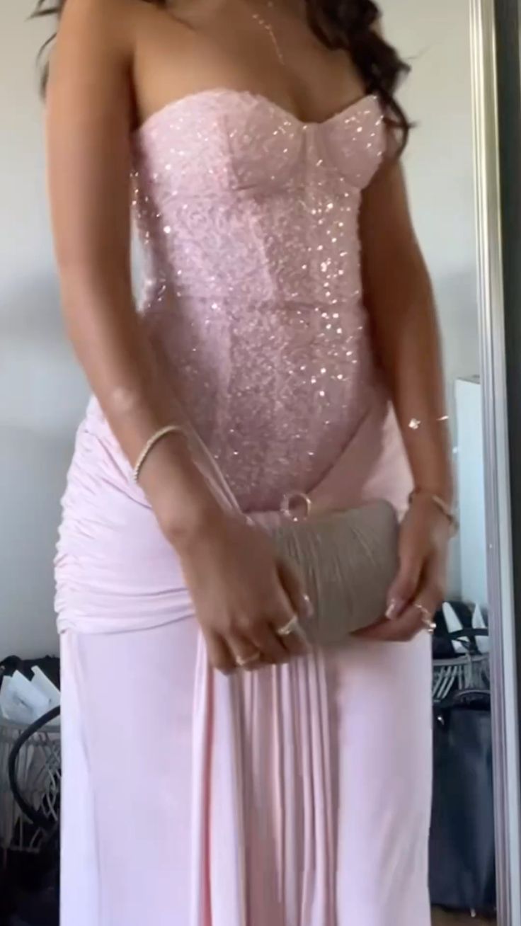Sweet Pink Strapless Mermaid Sequin Chiffon Long Prom Dress Birthday Dress