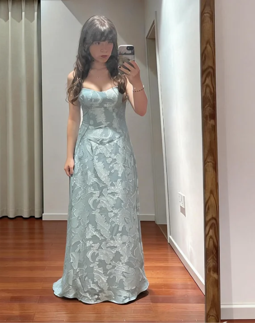 Vintage Light Blue A-Line Jacquard Satin Long Prom Gown Birthday Dress - VelvetHem