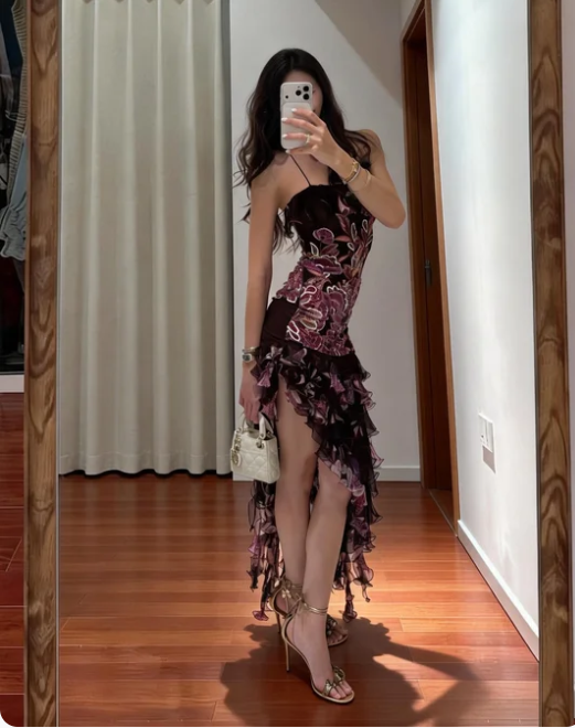 Sexy Spaghetti Strap Printed Ruffled Split Chiffon Prom Dress Birthday Dress